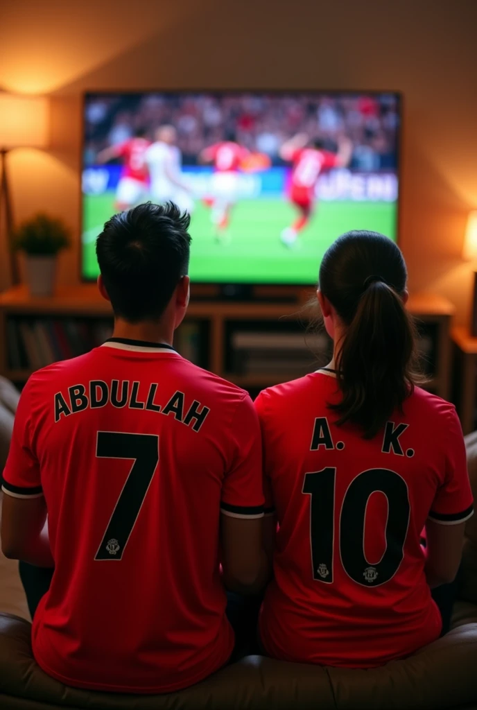 Generate me a pic that I am watching a premier league game between Manchester United and Fulham wearing a Manchester United shirt. I am sitting with my wife on sofa, she is also wearing Manchester United shirt with name A.K on her behind and number 10 on her shirt's back and her hair shouldn't cover her name and number please. The picture should be taken from behind and the name on shirts back will be Abdullah and number 7 on it. The picture of tv led should be visible please.