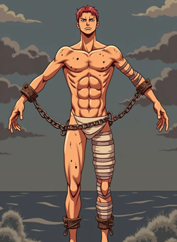 Fishman, his skin is silver white with black spots patterned across his body, He is wearing a worn black and white striped outfit, chains and handcuffs bind his feet, he is standing looking serious. Character design art style e one piece.