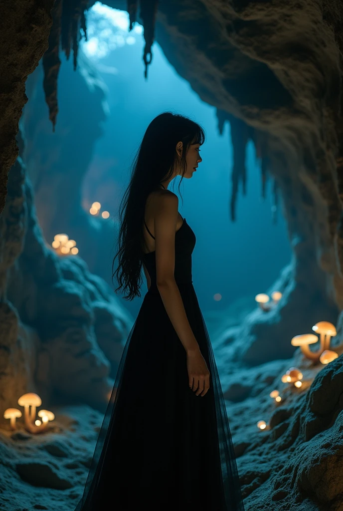 A pale skinned korean girl, full body, slender, , black hair, thin red lips, mole under left brow, a black dress, a cave, fairy, ethereal, CLEAR IMAGE