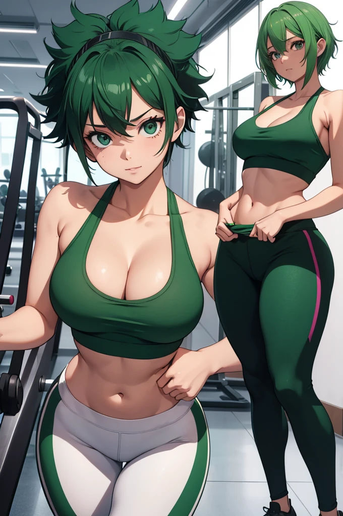 1 girl, izuku midoria as a stunning girl, short green hair, tight gym leggings and a white crop top, gym, high res, ultra sharp, 8k masterpiece