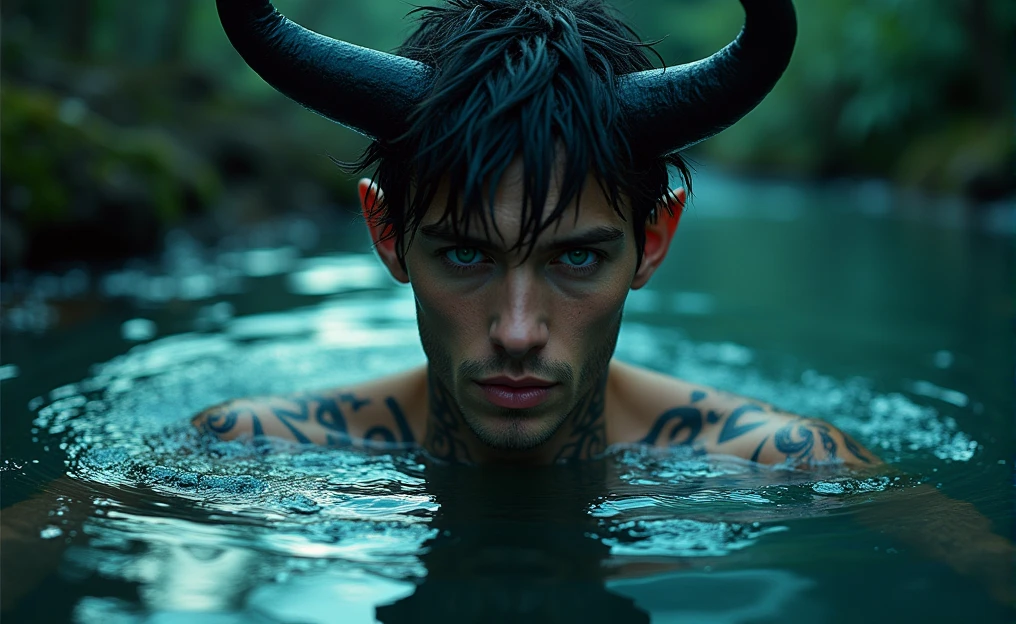 The image displays an artistic illustration of a male character with fantastical features. The character has pale skin and bright, piercing green eyes, giving him an ethereal and mysterious appearance. His hair is dark and messy, cascading onto his forehead and framing his face. 

Most striking are the black horns sprouting from his head, Leaning backward, suggesting he might be a demonic or mythological creature. The character is partially submerged in dark water, creating a glow effect on the water surface that emits bluish and greenish hues. besides, there's a tattooed or decorative design on his neck and shoulders, adding more detail to the character's enigmatic look.



