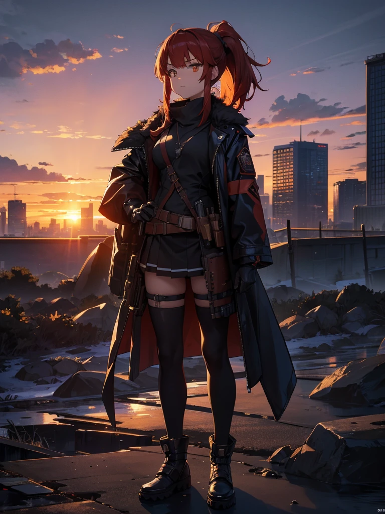 Cityscape, building, Skyline, sunset, Silhouette against a cloud background, meditation. Watching the beautiful sunset, sunset時に, sunset時, sunsetとともに, In the sunset, Nice views, Sunset view, With the sunset, sunset時に, During Golden Hour, looking sunset時に, Sunset in the background, Watching the sunset, Get noticed,, Very detailed, Red Hair, Angry expression,Wearing a black fur jacket, Medium Hair,ponytail, Anime Style, whole body, alone, Stylish Gunfighter Girl, Holding a steampunk long barrel pistol,Standing in the Wilderness, 8K high resolution, White Background, The background is a dark and desolate landscape, Horror movie atmosphere. Her figure is very beautiful, Emphasizing the dark and crazy elements. Skillfully expressing the effects of light and shadow, Anime girls with 銃s and ライフルs, from &#39; Forefront, Mechanized Soldier Girl, &#39; Forefront style