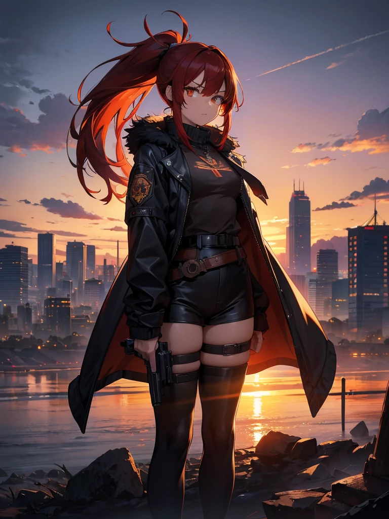 Cityscape, building, Skyline, sunset, Silhouette against a cloud background, meditation. Watching the beautiful sunset, sunset時に, sunset時, sunsetとともに, In the sunset, Nice views, Sunset view, With the sunset, sunset時に, During Golden Hour, looking sunset時に, Sunset in the background, Watching the sunset, Get noticed,, Very detailed, Red Hair, Angry expression,Wearing a black fur jacket, Medium Hair,ponytail, Anime Style, whole body, alone, Stylish Gunfighter Girl, Holding a steampunk long barrel pistol,Standing in the Wilderness, 8K high resolution, White Background, The background is a dark and desolate landscape, Horror movie atmosphere. Her figure is very beautiful, Emphasizing the dark and crazy elements. Skillfully expressing the effects of light and shadow, Anime girls with 銃s and ライフルs, from &#39; Forefront, Mechanized Soldier Girl, &#39; Forefront style