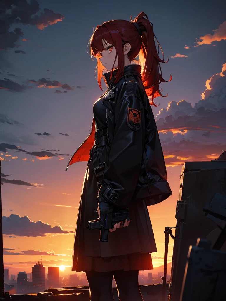 Cityscape, building, Skyline, sunset, Silhouette against a cloud background, meditation. Watching the beautiful sunset, sunset時に, sunset時, sunsetとともに, In the sunset, Nice views, Sunset view, With the sunset, sunset時に, During Golden Hour, looking sunset時に, Sunset in the background, Watching the sunset, Get noticed,, Very detailed, Red Hair, Angry expression,Wearing a black fur jacket, Medium Hair,ponytail, Anime Style, whole body, alone, Stylish Gunfighter Girl, Holding a steampunk long barrel pistol,Standing in the Wilderness, 8K high resolution, White Background, The background is a dark and desolate landscape, Horror movie atmosphere. Her figure is very beautiful, Emphasizing the dark and crazy elements. Skillfully expressing the effects of light and shadow, Anime girls with 銃s and ライフルs, from &#39; Forefront, Mechanized Soldier Girl, &#39; Forefront style