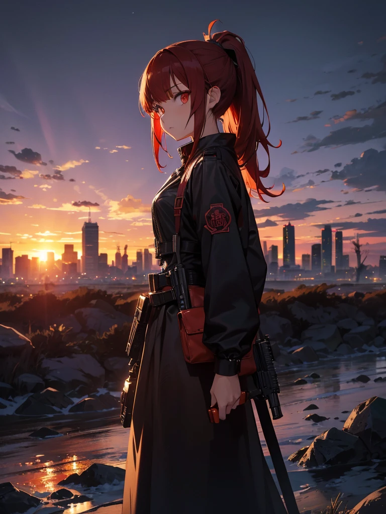 Cityscape, building, Skyline, sunset, Silhouette against a cloud background, meditation. Watching the beautiful sunset, sunset時に, sunset時, sunsetとともに, In the sunset, Nice views, Sunset view, With the sunset, sunset時に, During Golden Hour, looking sunset時に, Sunset in the background, Watching the sunset, Get noticed,, Very detailed, Red Hair, Angry expression,Wearing a black fur jacket, Medium Hair,ponytail, Anime Style, whole body, alone, Stylish Gunfighter Girl, Holding a steampunk long barrel pistol,Standing in the Wilderness, 8K high resolution, White Background, The background is a dark and desolate landscape, Horror movie atmosphere. Her figure is very beautiful, Emphasizing the dark and crazy elements. Skillfully expressing the effects of light and shadow, Anime girls with 銃s and ライフルs, from &#39; Forefront, Mechanized Soldier Girl, &#39; Forefront style