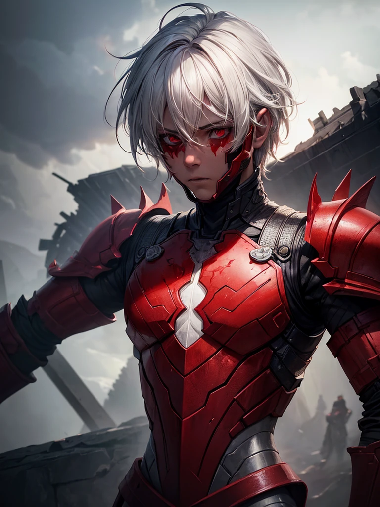 a boy with war type colors red and white, armor, white hair, red eyes, depressed, extremely detailed, hyper realistic, 8k, high quality, cinematic lighting, intricate details, dramatic composition, dramatic lighting, moody atmosphere, vibrant colors, photorealistic, realistic 3d, concept art, digital painting, fantasy, sci-fi, science fiction