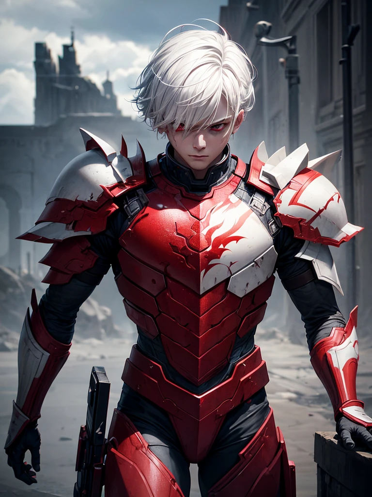 a boy with war type colors red and white, armor, white hair, red eyes, depressed, extremely detailed, hyper realistic, 8k, high quality, cinematic lighting, intricate details, dramatic composition, dramatic lighting, moody atmosphere, vibrant colors, photorealistic, realistic 3d, concept art, digital painting, fantasy, sci-fi, science fiction