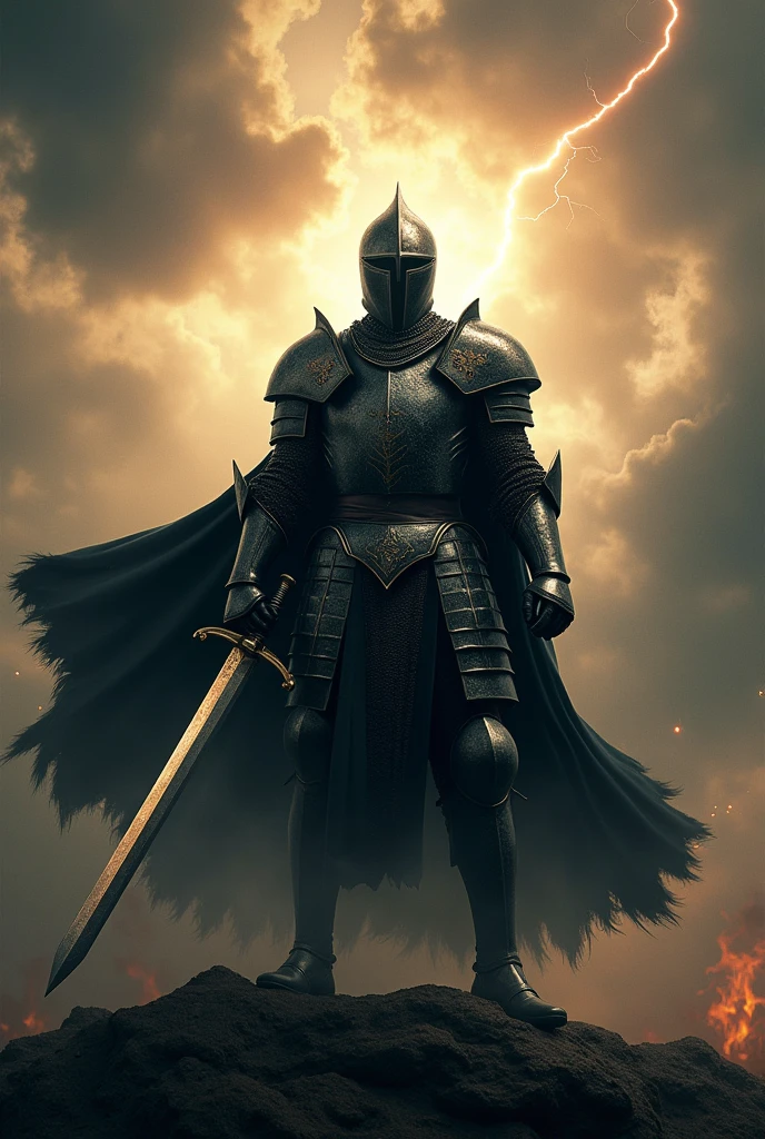 A movie poster depicting a Cavaleiro de armadura negra wielding a sword on a battlefield with the words "SeaArt x infinito" (work of art, Maximum quality, high resolution, highly detailed 8K unified CG wallpaper), enormous dazzling photo of the warrior, very strong, detailed helmet, perfect proportions, Slim Body Beauty:1.3), (The medieval Knight in luminous armor:1.5) (I have a torn black cape., Vestindo detailed armor, used in finely crafted, detailed armor, with a sword hanging from a thick belt:1.5, from above view, male knight, INFO