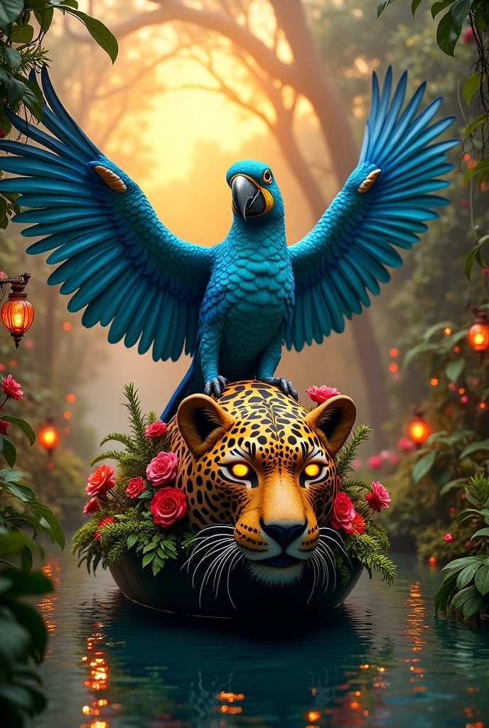allegorical float with a large blue macaw with open wings and a jaguar head in the front with lights in its eyes
