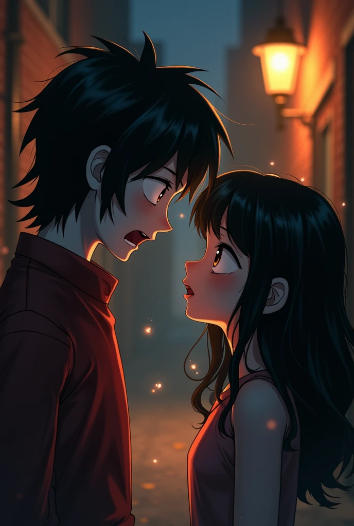 Create an image that is somewhat animated and shows Jeff the Killer surprised, and a girl with black hair down to her shoulders who is in love with him.