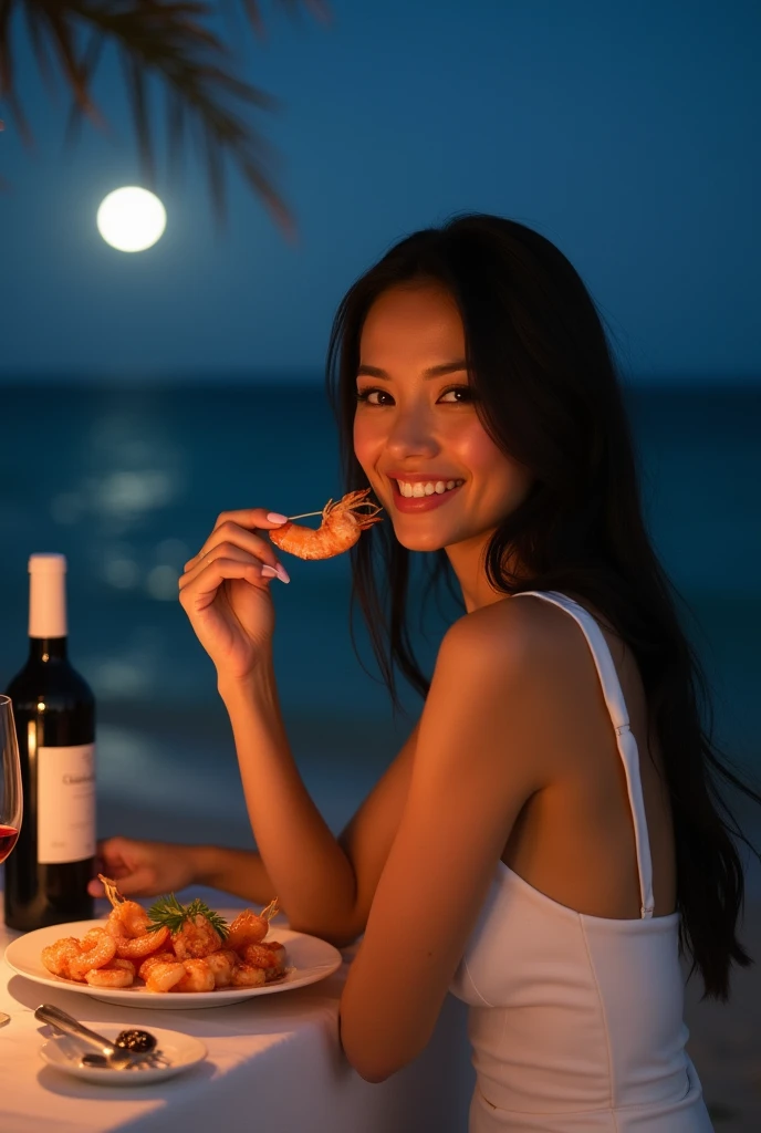 A beautiful woman, skin light brunnet, straight black hair down to her shoulders, a model smile, with a white dress just above the knee, close to her body, with small, sensual breasts, eating shrimp and a bottle of wine on the table and a glass of wine next to the dish, on a table on the beach at night with a beautiful moon.