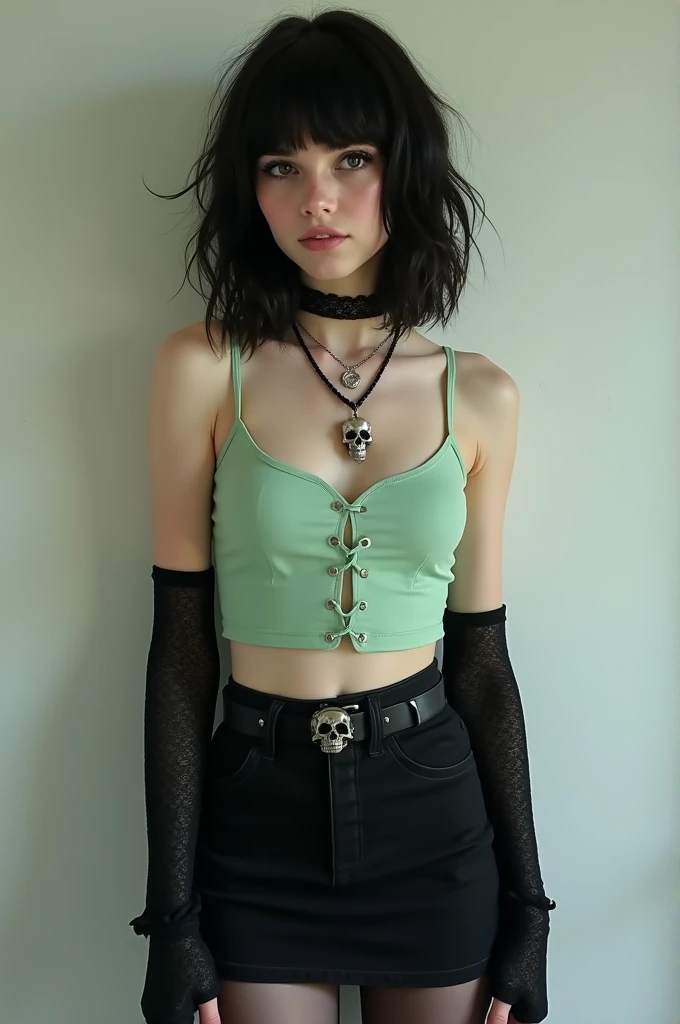 The girl had black hair, short, Wavy; slanted brown eyes; white; stomach 1,75; slightly big breasts; She was wearing a sleeveless, pastel green crop top., loose hair, black skirt, black but slightly transparent and long stockings, gothic boots, long black fingerless gloves and a skull necklace; 15 years