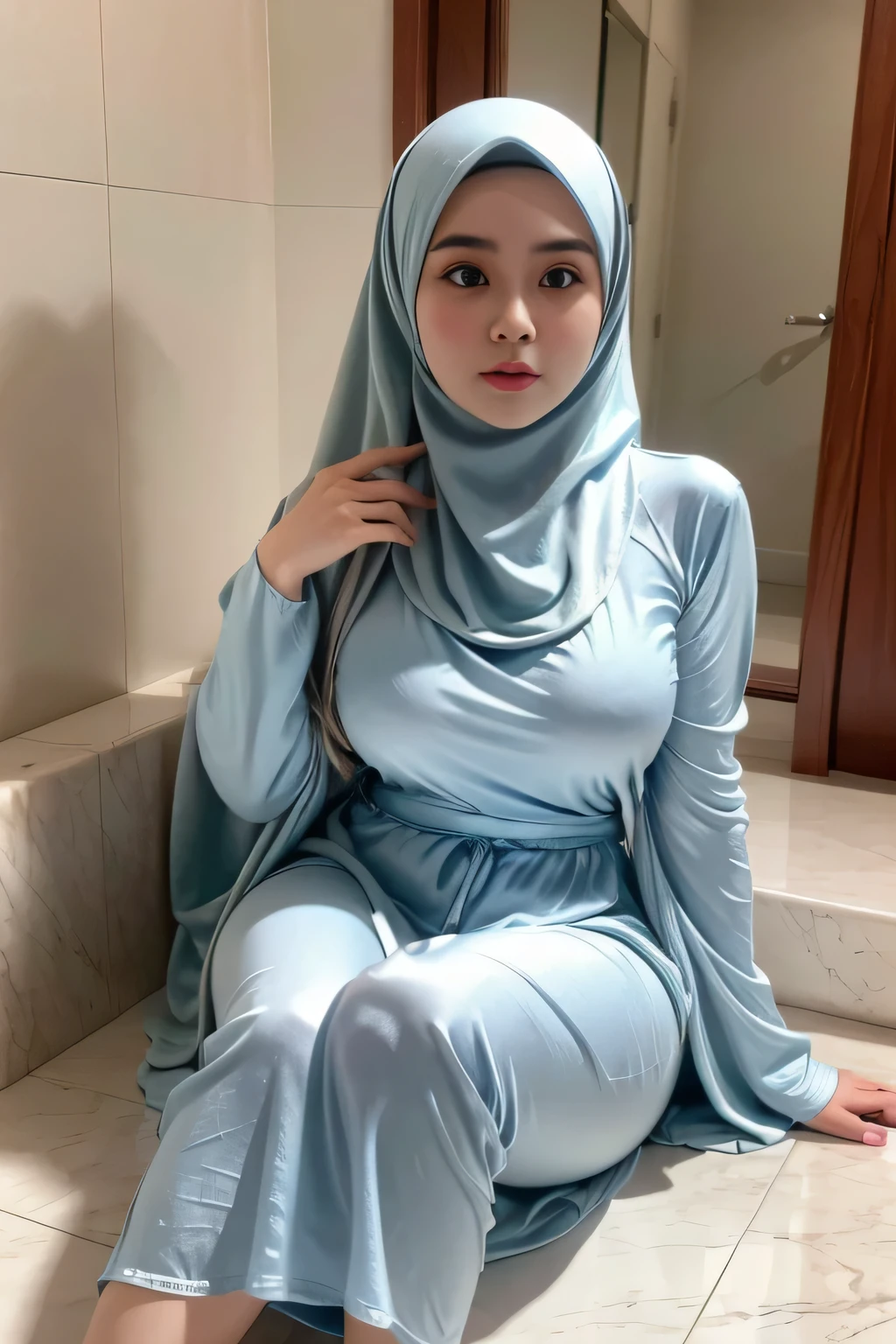 RAW, Best quality, high resolution, work: 1.3), Beautiful Indonesian girl wear hijab, indonesian hijab woman,Highly detailed CG Unity 8k wallpaper, top quality, super detailed, masterpiece, realistic, photorealistic, highly detailed cute girl, 40 years old, full body shot, potrait, bathroom detailed, saggy breast, sweaty skin, blush, parted lips, round eyes , ((erect, emerge, streak)), (( thick thighs, protruding buttock)), (the contour of the breast clearly visible ), cute face detailed, Walking in bathroom, seductive, erotic, fat arms, (( wearing Oversized long sleeve silk white T-shirt )), ((wearing light blue silk maxi dress)), erotic, hands up, showing armpit, soft smile, plump body, body lighting, shot from front, waist shot, the contour of lower body clearly visible, accentuate your waist