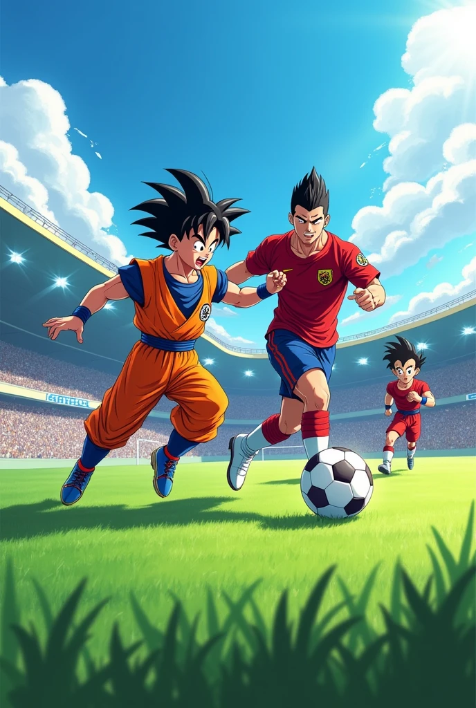 Cristiano Ronaldo playing soccer with Goku and Vegeta