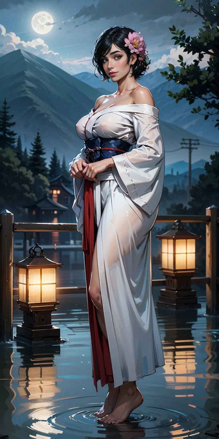 1girl solo big knockers breasts full body, lustful smirking smile face red blushed, moon, lantern, night, solo, large breasts, hair ornament, wet, kimono, japanese clothes, wading, water, hair flower, flower, outdoors, sky, full moon, rain, black hair, off shoulder, mountain, cloud, holding, sash, bare shoulders, paper lantern, standing, white kimono, night sky, sideboob, obi, wet clothes, bangs, tree, from side, reflection, short hair, cloudy sky, wet hair (((masterpiece),(extremely detailed CG unity 8k wallpaper), best quality, solo, cinematic lighting, detailed background, beautiful detailed eyes, bright pupils, (an extremely delicate and beautiful), (Beautiful and detailed eye description), ultra-detailed, masterpiece,))