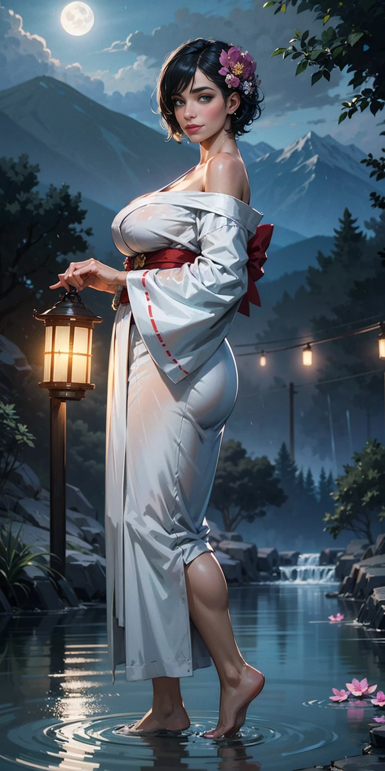 1girl solo big knockers breasts full body, lustful smirking smile face red blushed, moon, lantern, night, solo, large breasts, hair ornament, wet, kimono, japanese clothes, wading, water, hair flower, flower, outdoors, sky, full moon, rain, black hair, off shoulder, mountain, cloud, holding, sash, bare shoulders, paper lantern, standing, white kimono, night sky, sideboob, obi, wet clothes, bangs, tree, from side, reflection, short hair, cloudy sky, wet hair (((masterpiece),(extremely detailed CG unity 8k wallpaper), best quality, solo, cinematic lighting, detailed background, beautiful detailed eyes, bright pupils, (an extremely delicate and beautiful), (Beautiful and detailed eye description), ultra-detailed, masterpiece,))