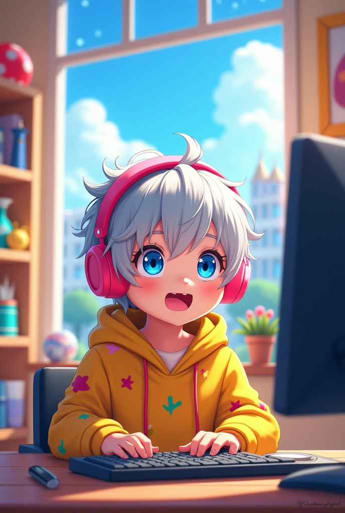 "Create an anime-style image of a young child sitting at a computer desk. The child has large, bright blue eyes, and silver or white messy hair. They are wearing a yellow hoodie with cute patterns on it and large pink headphones. The background is a cozy, well-decorated room with a window showing a cityscape under a clear blue sky. There are toys and decorations on shelves in the room, adding a playful and colorful atmosphere. The lighting is warm, reflecting a peaceful and creative environment."