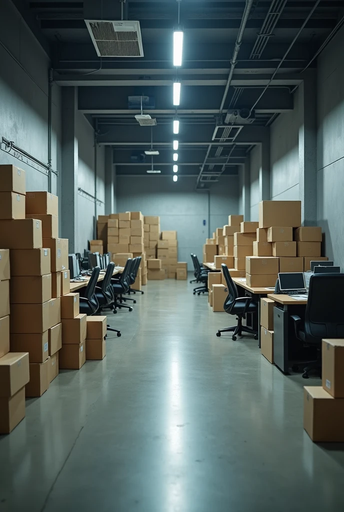 An internal company, with boxes and a cold atmosphere