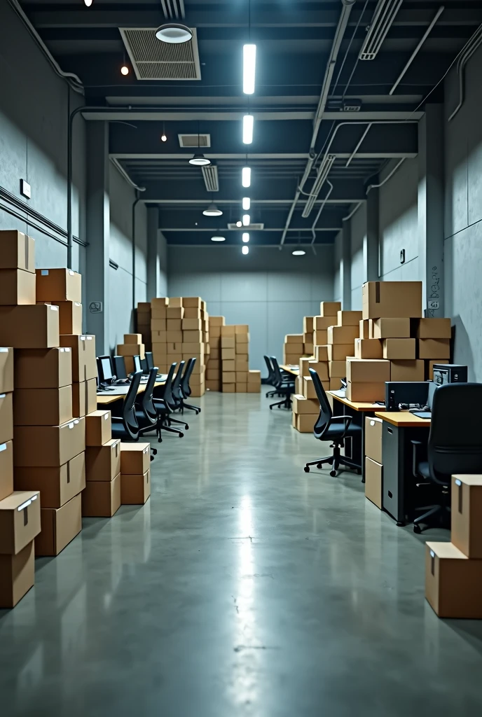 An internal company, with boxes and a cold atmosphere