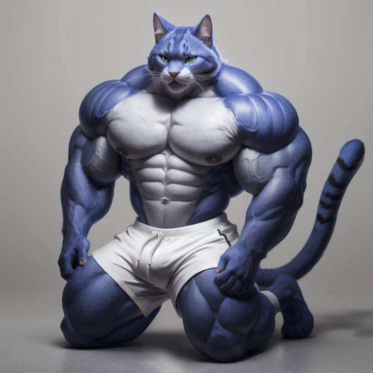 furry growth, hyper growth, hyper muscles, a cat, blue, cute cat, shirtless, white shorts, muscular, on a gray background Kneeling on the floor