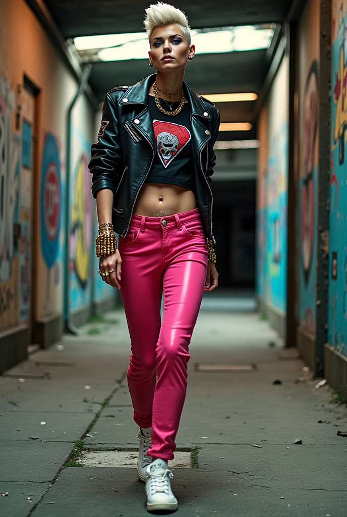 Old russian milf, platinum blonde hair, long, in pompadour style with shaved sides, with very light blue eyes, pale, lots of eye shadows. Wearing black moto jacket, cropped rock t-shirt, black leather jeans and white tennis sneakers. Bullet belt, lots of rings and studded bracelets , Cocky attitudes