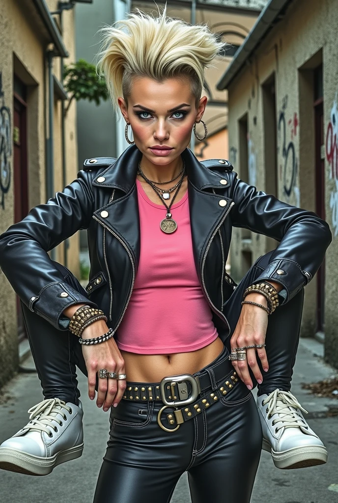 Old russian milf, platinum blonde hair, long, in pompadour style with shaved sides, with very light blue eyes, pale, lots of eye shadows. Wearing black moto jacket, cropped rock t-shirt, black leather jeans and white tennis sneakers. Bullet belt, lots of rings and studded bracelets , Cocky attitudes 