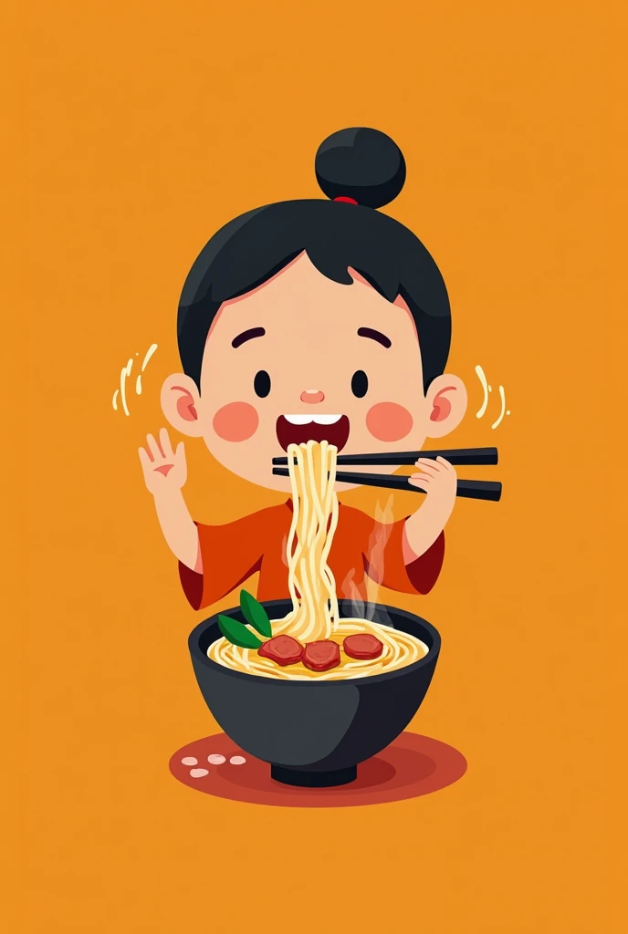 minimalist logo, that has Japanese and Mexican style, happy , Eating noodles with bits of meat, on an orange background.