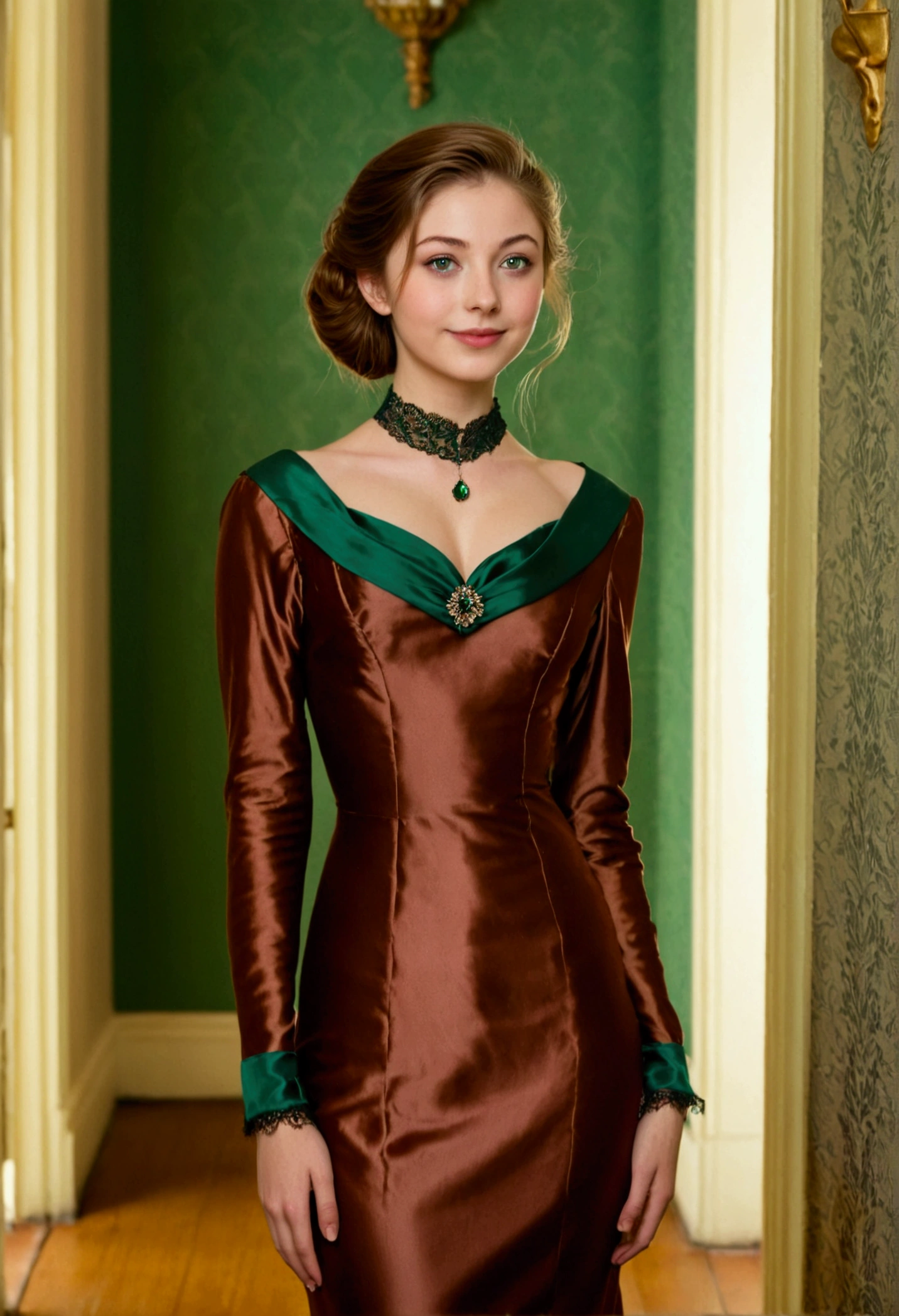 Young, 20 years, a slender beautiful girl stands in the hallway of a Victorian mansion. brown-haired, Hair gathered, a sly fox-like glance, Large, green eyes, Pointed nose, plump lips. Dressed in a brown silk dress with a modest neckline. Looking straight ahead and smiling cunningly