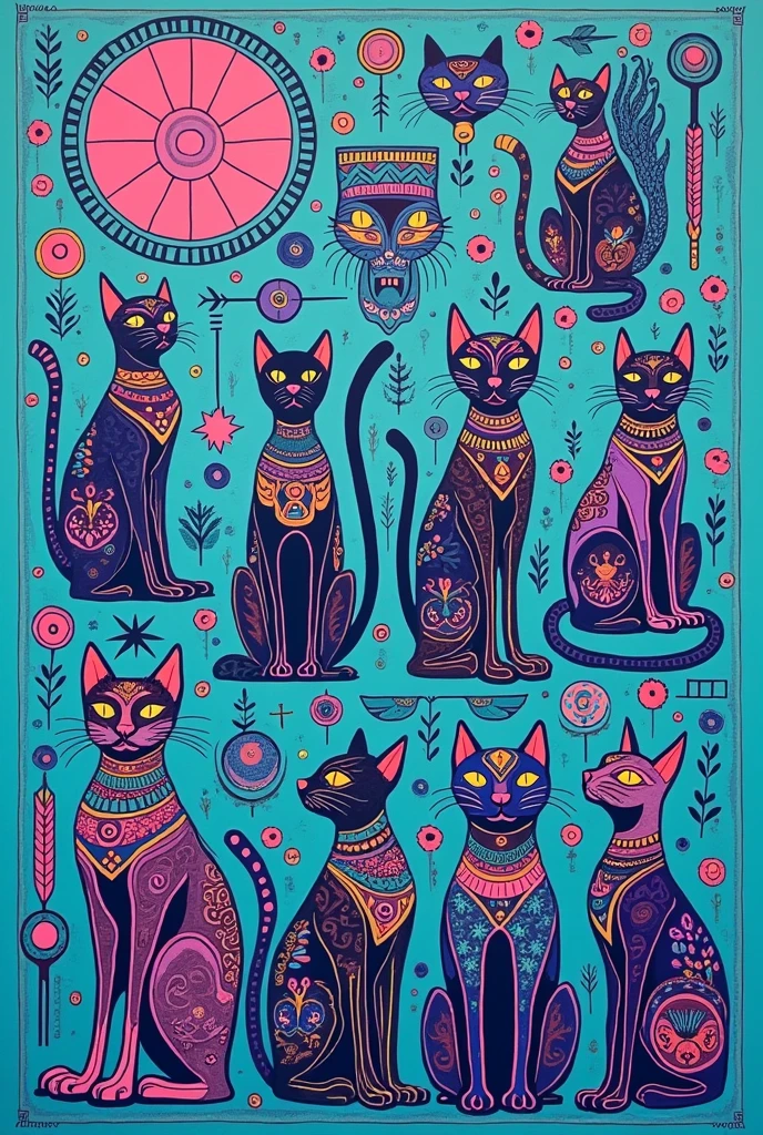 A drawing of cats with a tribal and Egyptian style, with linear shapes in the middle, on a cyan background with shades of purple.. The cats should be small elements in the whole drawing - they are in the background, and the symbols should predominate in the rest of the sheet. The design must be linear and symmetrical.