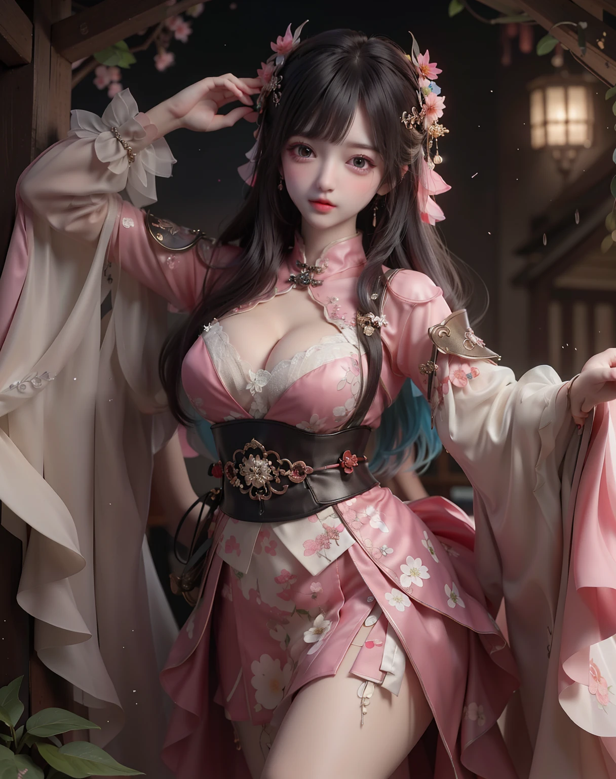 (8k, RAW photo:1.2), best quality, ultra high res,dramatic angle,(fluttered detailed color splashs), (illustration),(((1 girl))),(long hair),(rain:0.9), (Headdress:1.4),There is an ancient palace beside the girl,Hanfu,(Key Points),Color ink painting,(Splash of Color),Splash of Color,(((colorful))),(sketch:0.8) , Masterpiece, best quality, beautiful painted, highly detailed,(denoising:0.6),[splash ink],((ink refraction)), (beautiful detailed sky),moon,highly,detaild,(masterpiece, best quality, extremely detailed） CG Unity 8k Wallpaper，masterpiece，best quality，Ultra Detailed），（Lycoris）. hanfu open v open V-chested clothes Thin silk lace dress , (huge ，cleavage),, white pink and gren，best qualtiy，tmasterpiece，Ultra-high resolution，（Reality：1.4），RAW photogr，（True skin texture：1.3），（filmgrain：1.3），（Selfie angle），1个Giant Breast Girl，Beautiful eye and face details，tmasterpiece，Best quality at best，，The chest more exposed， detailed brapurple and green , detail 8k, upper body, lace petticoat. bottom position looking up, sexually provocative