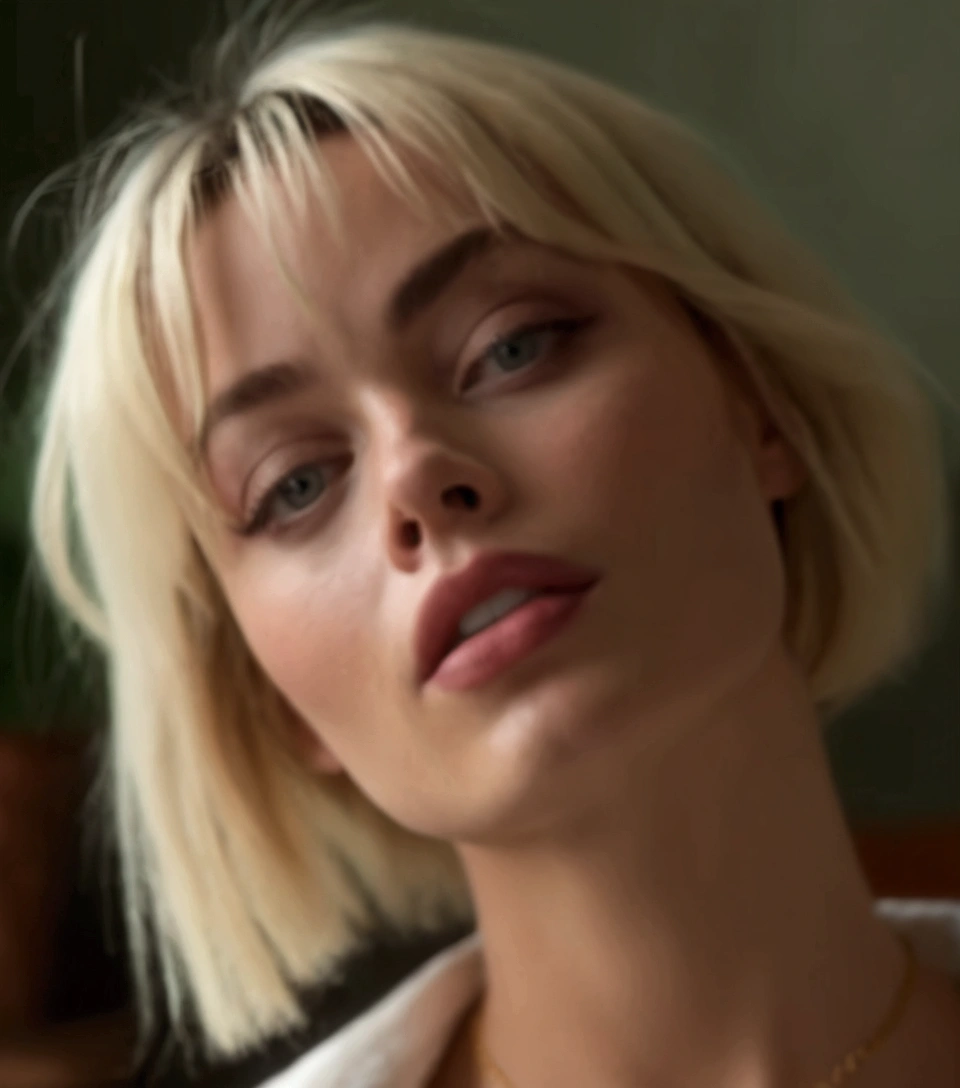 a close up of a woman with a white shirt and a necklace, margot robbie in gta v, soft portrait shot 8 k, margot robbie face, portrait of margot robbie, margot robbie, short blonde hair with bangs, face like ester exposito, photo of margot robbie, girl with short white hair, pretty margot robbie vampire, margot robbie portrait, french bob