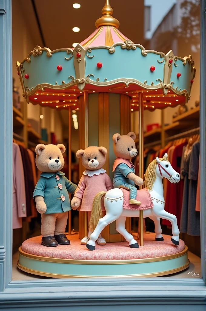 Create a fun children's clothing store window display that features a carousel with horses and stuffed animals wearing the clothes.