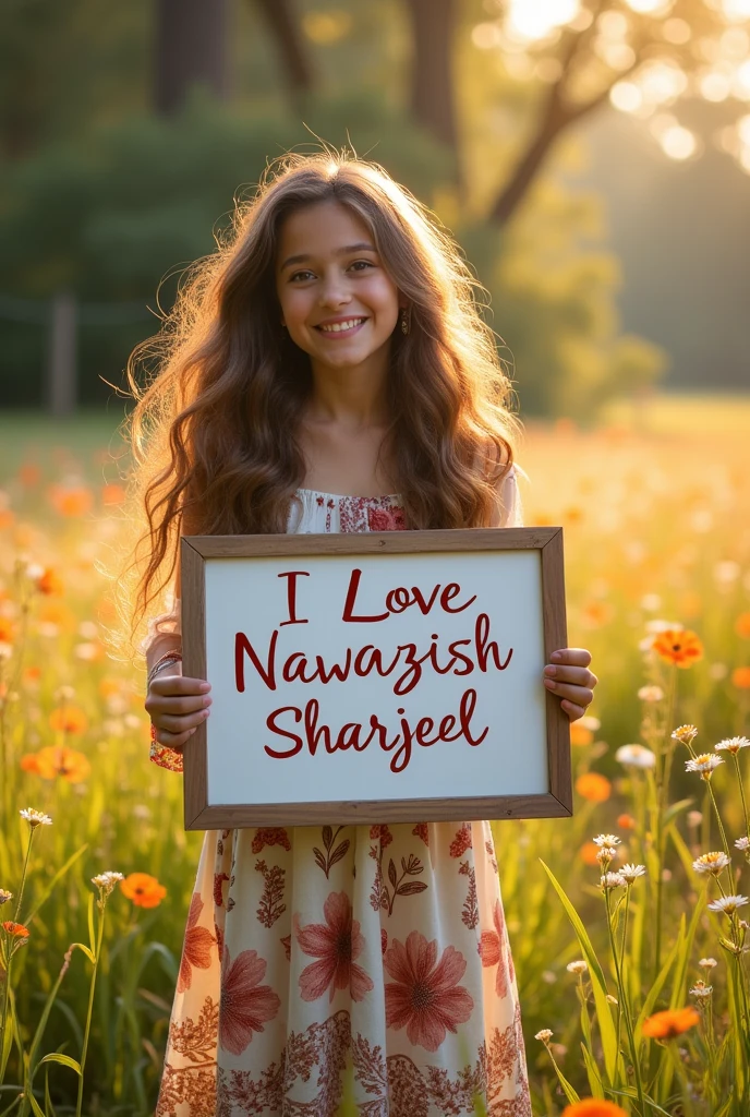 Beautiful girl with wavy long hair, bohemian dress, holding a white board with text "I Love Nawazish Sharjeel" and showing it to the viewer