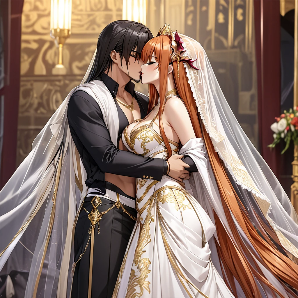 ((Highest quality)), ((masterpiece)), (detailed), (Perfect Face)、The woman is Maya Cordelia, the Demon King's bride, with orange, semi-long hair. She is adorned in a luxurious black mermaid-line wedding dress with lavish gold embroidery and edging, along with a black wedding veil and extravagant accessories.、The woman, a devil, embraces the wicked demon king man, shares a vowing kiss, and holds a wedding ceremony.、The woman became the wife of the demon king, becoming the demon queen and becoming the demon king's companion for life.