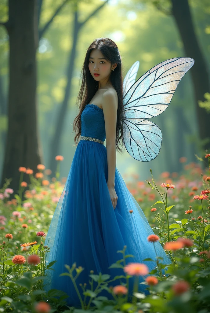 A pale skinned korean girl, full body, slender, , black hair, thin red lips, mole under left brow, a royal blue dress, a forest, fairy with wings, ethereal, CLEAR IMAGE 