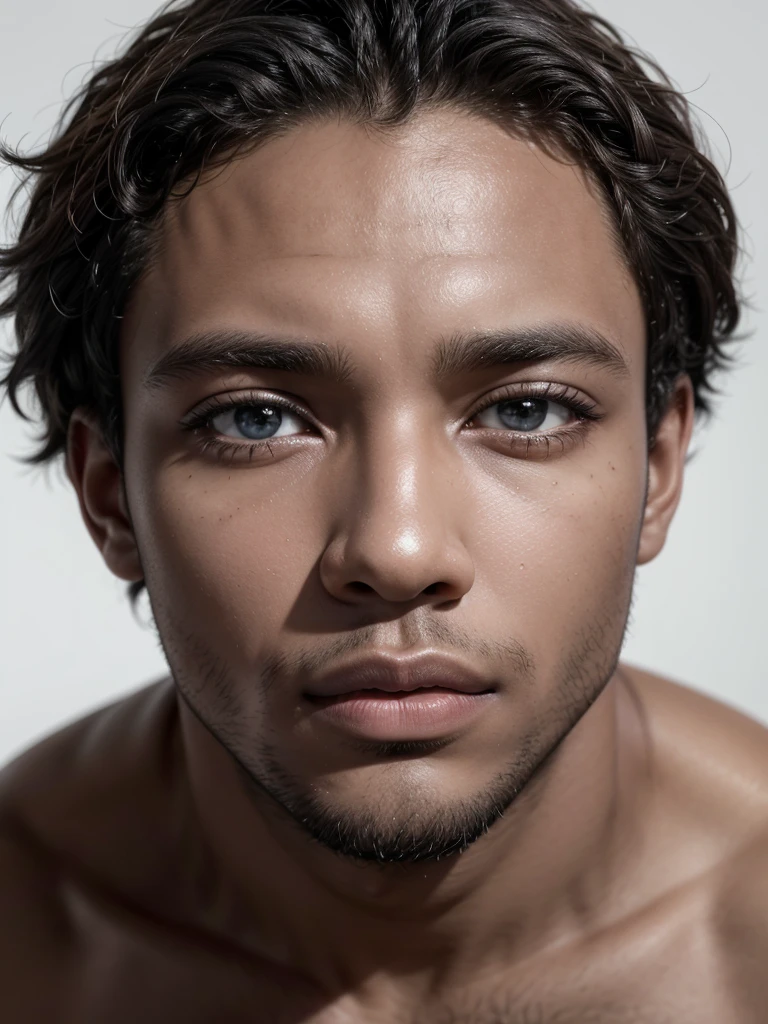 African man aged 30 years old. strong features. olhos grandes e brilhantes, thick lips, clean shaven with short hair. Stately. wearing no shirt. white background. gazing at the horizon.