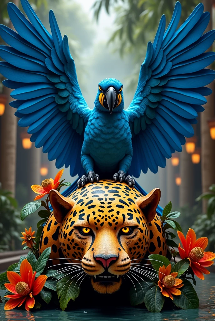 allegorical float with a giant blue macaw with open wings and a jaguar head in front with lights in its eyes
