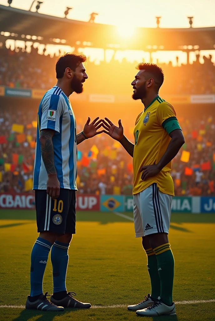 Messi arguing with Roberto Carlos (Messi's clothes: Argentina jersey with 2 stars) (Roberto Carlos's clothes: Brazil national team jersey with 6 stars)
