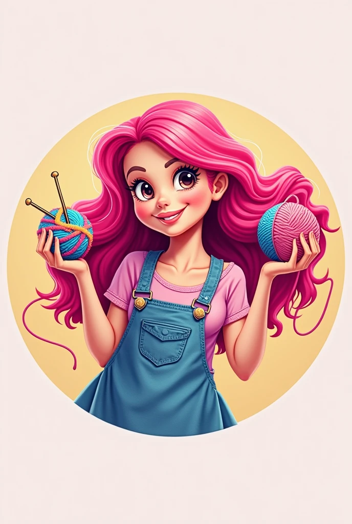 A logo of a person with pink hair holding a crochet yarn and needle