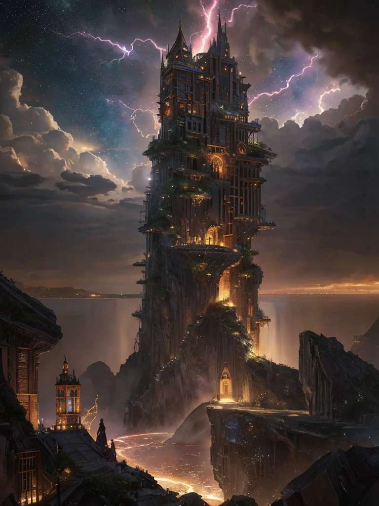 alluring portrait, intricate, highly detailed, digital painting, artstation, concept art, naughty, sharp focus, cinematic lighting, illustration, art by artgerm and greg rutkowski, alphonse mucha, cgsociety,8k, highest quality, masterpiece, final fantasy style, unRealistic, photoRealistic , Dreamy landscape, Fantasy, Unsurreal landscapes, Super detailed, Flying Castle, Floating Island in the Sky, Seven-colored swirl of light, Intense lightning, nebulas ,Complex Light, Colored light, Large Lake, Starry sky reflected on the lake surface, Countless shining stars, Meteors, Reflections , A pillar of light emanated from the ground, roses and orchids gardens , sunset, pink clouds, waterfall in the sky, realistic style, Hyperrealism drawing, a flying pirate spaceship floating at the clouds level, burning skyscrapers, cyborgs, timeless realms , circlet, sideless, backless, alluring full body shot stylized by Jeremy Mann, Rule of Thirds,Wide view, Fearful, natural Colors, hot but scary, womanly,