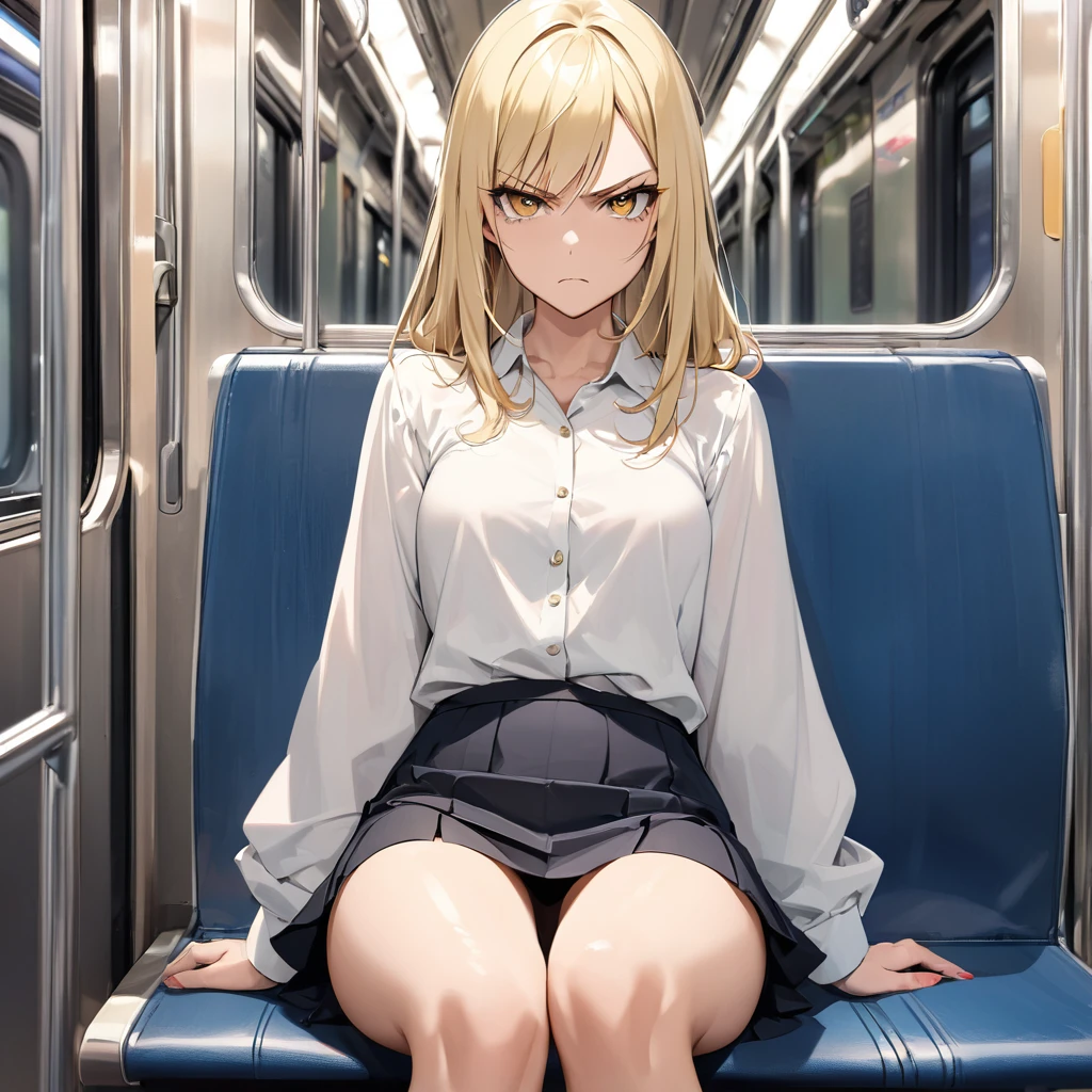 A beautiful blonde woman in a miniskirt is sitting opposite me on the train, legs spread wide, glaring at me.