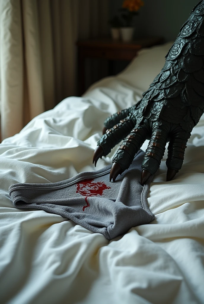 create a photo of a bed with the sheets unmade, a gray silk lace panty crumpled on the bed and a dragon's paw going to get the panty just show the dragon's paw on the bed going to get the panty the sheet is dirty with a drop of blood that falls from the dragon's paw just a drop