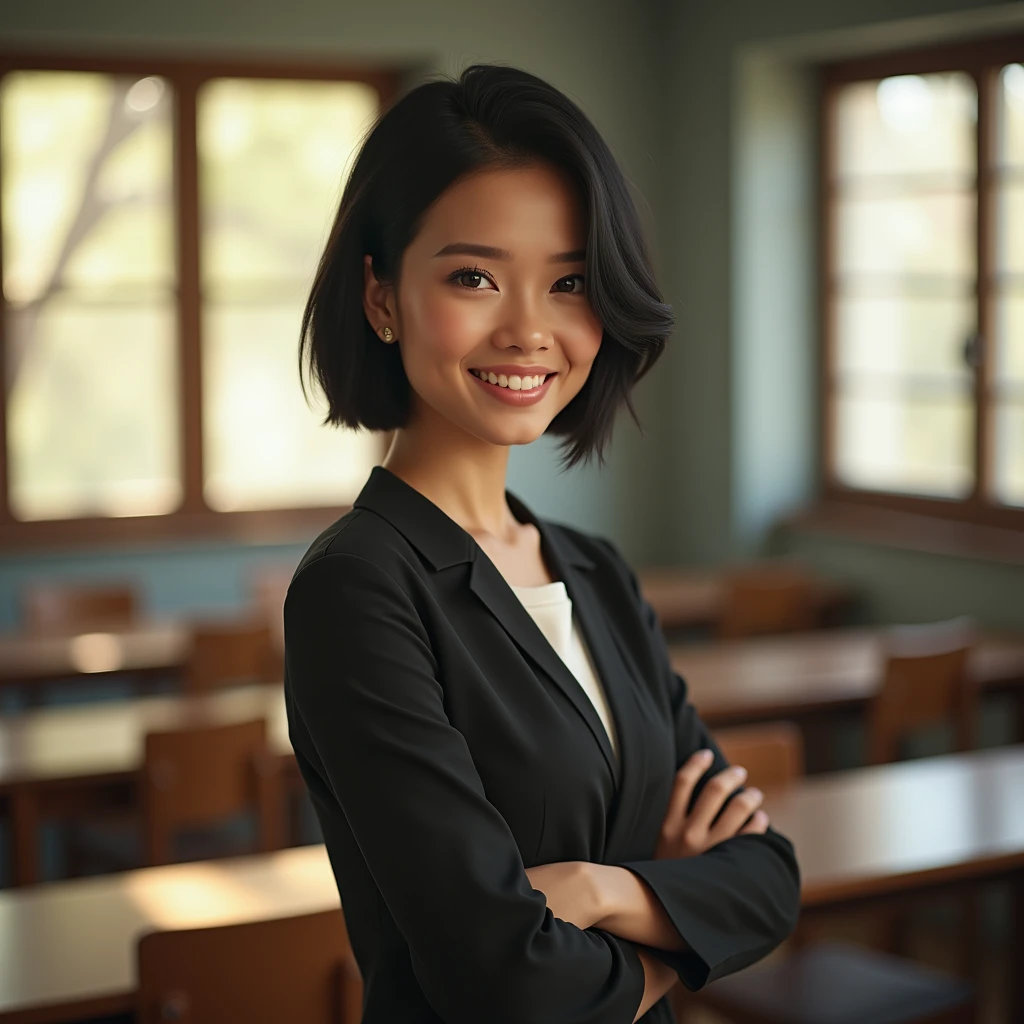 8k,Highest quality,(masterpiece:1.2),(Realistic),Ultra-high resolution,female,1 teacher,smile,Beautiful Eyes,Perfect body,gravure,Detailed face and skin texture,fine grain,RAW Photos,Black Hair,Short Bob, masterpiece, Completely naked,Completely nakedソロ,