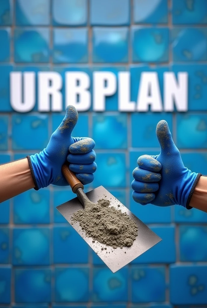 Visualize a realistic scene in 8K, with focus on two hands of the same person. One hand is making a thumbs-up sign, while the other holds a mason's trowel covered in cement. The mason is wearing Personal Protective Equipment (epis) blue in color, including helmet and gloves, which harmonize with the predominant color palette in the image. Ao fundo, um piso português blue in color está visível, with the word 'URBPLAN' written in white, standing out against the blue background. The high resolution captures the details of the mason's trowel with cement, the gesture of approval and the decorative floor, offering a clear and professional view of the work done