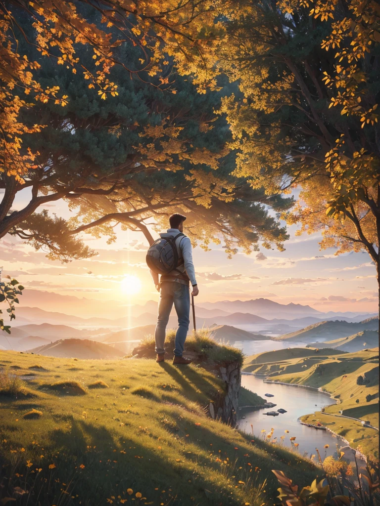 photorealistic landscape, natural landscape, naturey, Beleza Da naturey, Golden Sunset, Sky, Sky Power, Detailed Realistic Sunset, Cedars, Cedar, God's City, Heavens Realm, mountainscape, rivers of water, Sunset realism, Árvores naturey, Alone Men, man on his back, Man's Back, panorama, Alpha Male, Path to Heaven, heavenly, Detailed Realistic Image 8K, 16K Photorealistic Contrast, 8K Photorealistic Sharpness, 4K Photorealistic Cores, 16K Photorealistic Shadows, 8K Photorealistic Textures, 16K Photorealistic Texture, 4K Photorealistic Light, 4K PhotoRealism, FullHD 4K Detailed Contrast, detailed sharpness FullHD 8K, detailed sharpness FullHD 4K, detailed sharpness, 2K Detailed Colors, lifelike colors, FullHD Detailed Shadows, 4K Detailed Textures, detailed texture, Natural Beauty, Elegante,