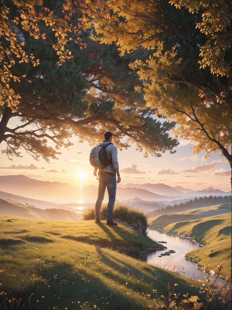 photorealistic landscape, natural landscape, naturey, Beleza Da naturey, Golden Sunset, Sky, Sky Power, Detailed Realistic Sunset, Cedars, Cedar, God's City, Heavens Realm, mountainscape, rivers of water, Sunset realism, Árvores naturey, Alone Men, man on his back, Man's Back, panorama, Alpha Male, Path to Heaven, heavenly, Detailed Realistic Image 8K, 16K Photorealistic Contrast, 8K Photorealistic Sharpness, 4K Photorealistic Cores, 16K Photorealistic Shadows, 8K Photorealistic Textures, 16K Photorealistic Texture, 4K Photorealistic Light, 4K PhotoRealism, FullHD 4K Detailed Contrast, detailed sharpness FullHD 8K, detailed sharpness FullHD 4K, detailed sharpness, 2K Detailed Colors, lifelike colors, FullHD Detailed Shadows, 4K Detailed Textures, detailed texture, Natural Beauty, Elegante,