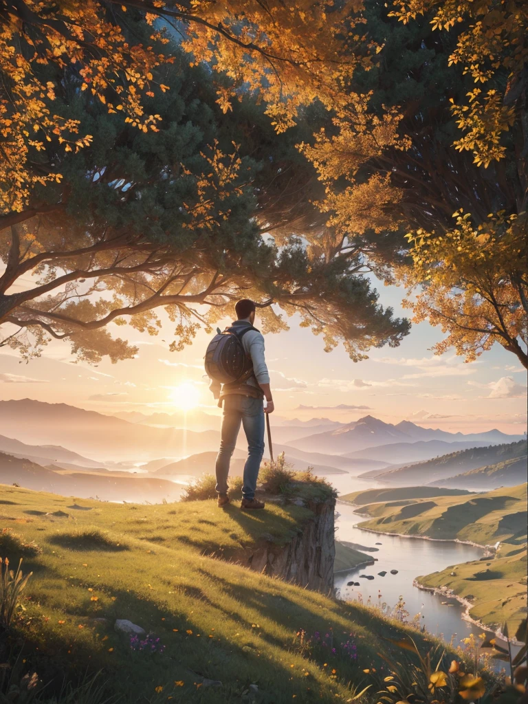 photorealistic landscape, natural landscape, naturey, Beleza Da naturey, Golden Sunset, Sky, Sky Power, Detailed Realistic Sunset, Cedars, Cedar, God's City, Heavens Realm, mountainscape, rivers of water, Sunset realism, Árvores naturey, Alone Men, man on his back, Man's Back, panorama, Alpha Male, Path to Heaven, heavenly, Detailed Realistic Image 8K, 16K Photorealistic Contrast, 8K Photorealistic Sharpness, 4K Photorealistic Cores, 16K Photorealistic Shadows, 8K Photorealistic Textures, 16K Photorealistic Texture, 4K Photorealistic Light, 4K PhotoRealism, FullHD 4K Detailed Contrast, detailed sharpness FullHD 8K, detailed sharpness FullHD 4K, detailed sharpness, 2K Detailed Colors, lifelike colors, FullHD Detailed Shadows, 4K Detailed Textures, detailed texture, Natural Beauty, Elegante,