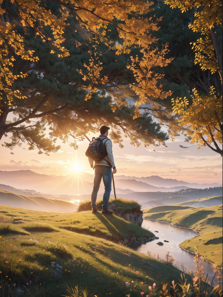 photorealistic landscape, natural landscape, naturey, Beleza Da naturey, Golden Sunset, Sky, Sky Power, Detailed Realistic Sunset, Cedars, Cedar, God's City, Heavens Realm, mountainscape, rivers of water, Sunset realism, Árvores naturey, Alone Men, man on his back, Man's Back, panorama, Alpha Male, Path to Heaven, heavenly, Detailed Realistic Image 8K, 16K Photorealistic Contrast, 8K Photorealistic Sharpness, 4K Photorealistic Cores, 16K Photorealistic Shadows, 8K Photorealistic Textures, 16K Photorealistic Texture, 4K Photorealistic Light, 4K PhotoRealism, FullHD 4K Detailed Contrast, detailed sharpness FullHD 8K, detailed sharpness FullHD 4K, detailed sharpness, 2K Detailed Colors, lifelike colors, FullHD Detailed Shadows, 4K Detailed Textures, detailed texture, Natural Beauty, Elegante,