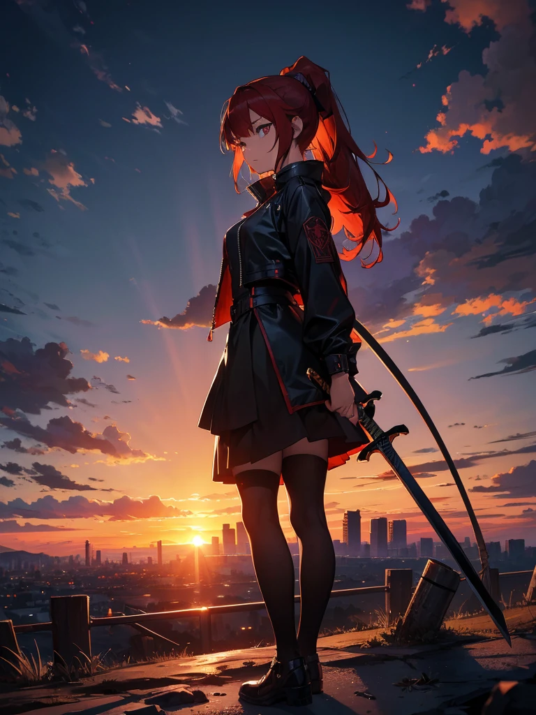 Cityscape, building, Skyline, sunset, Silhouette against a cloud background, meditation. Watching the beautiful sunset, sunset時に, sunset時, sunsetとともに, In the sunset, Nice views, Sunset view, With the sunset, sunset時に, During Golden Hour, looking sunset時に, Sunset in the background, Watching the sunset, Get noticed,, Very detailed, Red Hair, Angry expression,Wearing a black fur jacket, Medium Hair,ponytail, Anime Style, whole body, alone, Stylish Sword Fighter Girl, Has a rapier,Standing in the Wilderness, 8K high resolution, White Background, The background is a dark and desolate landscape, Horror movie atmosphere. Her figure is very beautiful, Emphasizing the dark and crazy elements. Skillfully expressing the effects of light and shadow, Anime girls from &#39; Forefront, Mechanized Soldier Girl, &#39; Forefront style