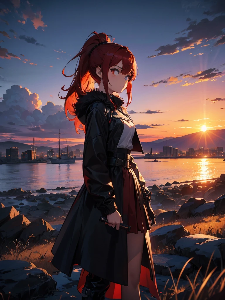 Cityscape, building, Skyline, sunset, Silhouette against a cloud background, meditation. Watching the beautiful sunset, sunset時に, sunset時, sunsetとともに, In the sunset, Nice views, Sunset view, With the sunset, sunset時に, During Golden Hour, looking sunset時に, Sunset in the background, Watching the sunset, Get noticed,, Very detailed, Red Hair, Angry expression,Wearing a black fur jacket, Medium Hair,ponytail, Anime Style, whole body, alone, Stylish Sword Fighter Girl, Has a rapier,Standing in the Wilderness, 8K high resolution, White Background, The background is a dark and desolate landscape, Horror movie atmosphere. Her figure is very beautiful, Emphasizing the dark and crazy elements. Skillfully expressing the effects of light and shadow, Anime girls from &#39; Forefront, Mechanized Soldier Girl, &#39; Forefront style